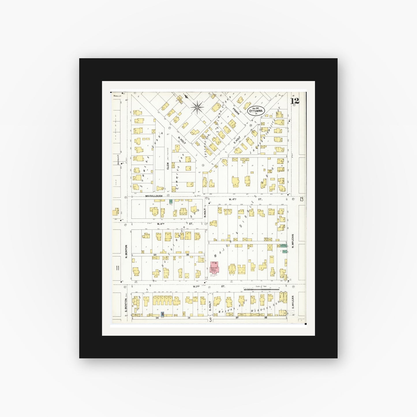 Old map wall art mockup — black gallery frame with white mat — Sanborn Fire Insurance Map from Ottumwa, Wapello County, Iowa (1902), Sheet #0012