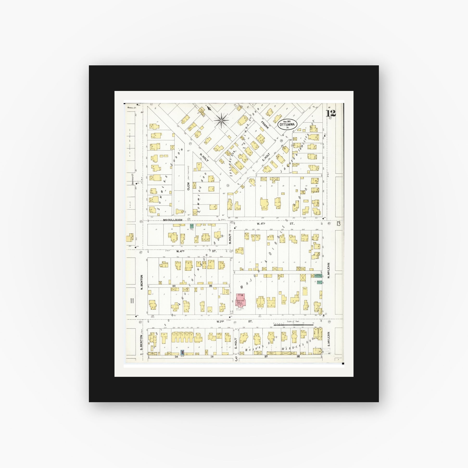 Old map wall art mockup — black gallery frame with white mat — Sanborn Fire Insurance Map from Ottumwa, Wapello County, Iowa (1902), Sheet #0012