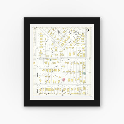 Old map wall art mockup — black gallery frame with white mat — Sanborn Fire Insurance Map from Ottumwa, Wapello County, Iowa (1902), Sheet #0012