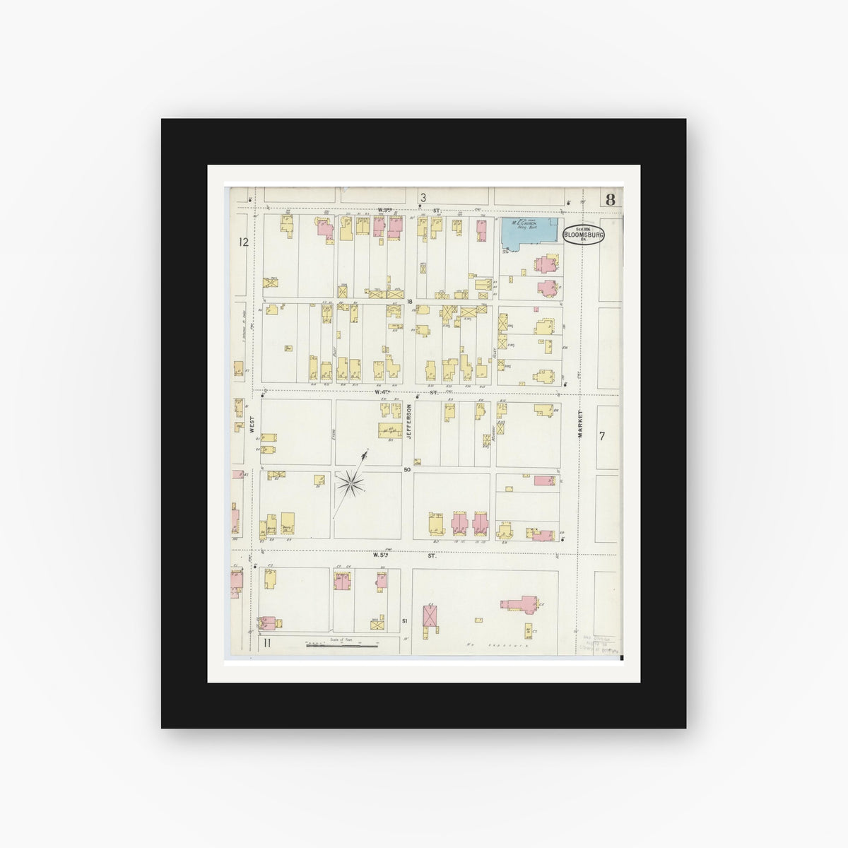 Old map wall art mockup — black gallery frame with white mat — Sanborn Fire Insurance Map from Bloomsburg, Columbia County, Pennsylvania (1896), Sheet #0008