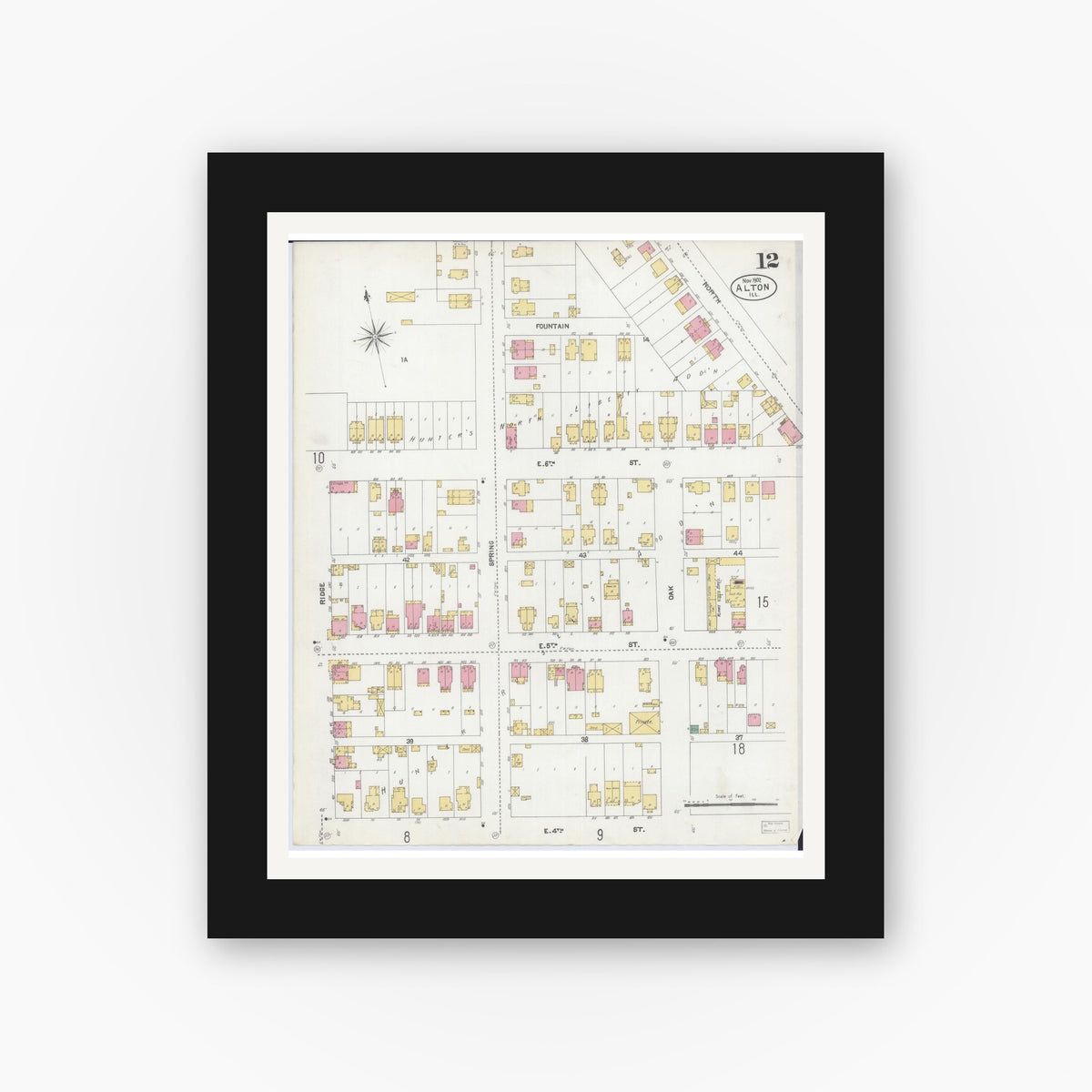 Old map wall art mockup — black gallery frame with white mat — Sanborn Fire Insurance Map from Alton, Madison County, Illinois (1902), Sheet #0012