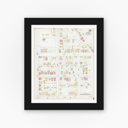 Old map wall art mockup — black gallery frame with white mat — Sanborn Fire Insurance Map from Alton, Madison County, Illinois (1902), Sheet #0012
