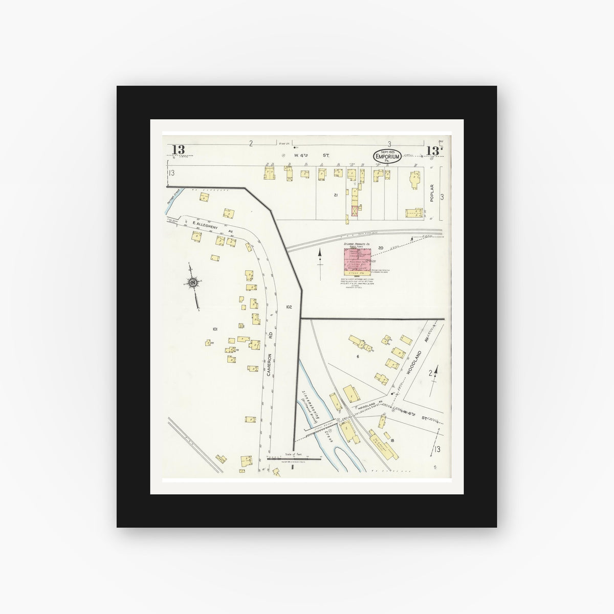 Old map wall art mockup — black gallery frame with white mat — Sanborn Fire Insurance Map from Emporium, Cameron County, Pennsylvania (1925), Sheet #0013
