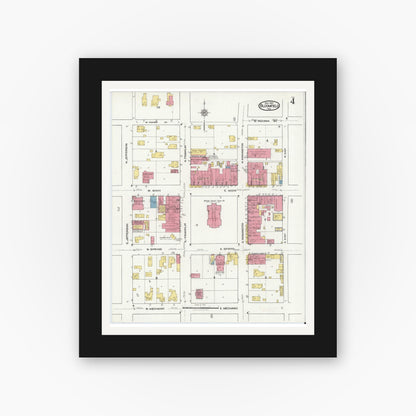 Old map wall art mockup — black gallery frame with white mat — Sanborn Fire Insurance Map from Bloomfield, Greene County, Indiana (1921), Sheet #0004