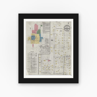 Old map wall art mockup — black gallery frame with white mat — Sanborn Fire Insurance Map from Henderson, Rusk County, Texas (1919), Sheet #0001