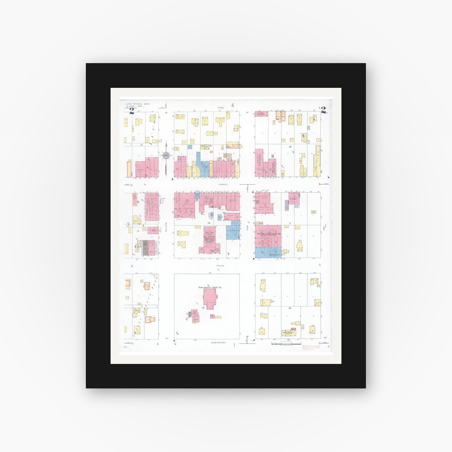 Old map wall art mockup — black gallery frame with white mat — Sanborn Fire Insurance Map from Long Prairie, Todd County, Minnesota (1933), Sheet #0002