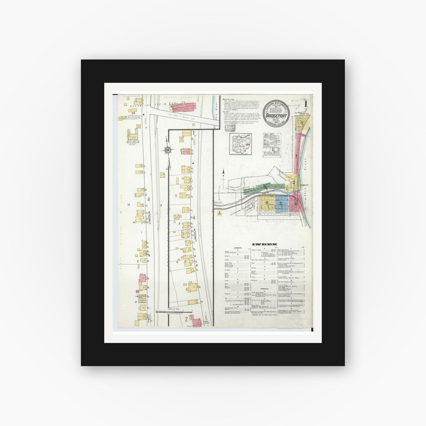 Old map wall art mockup — black gallery frame with white mat — Sanborn Fire Insurance Map from Bridgeport, Belmont County, Ohio (1917), Sheet #0001