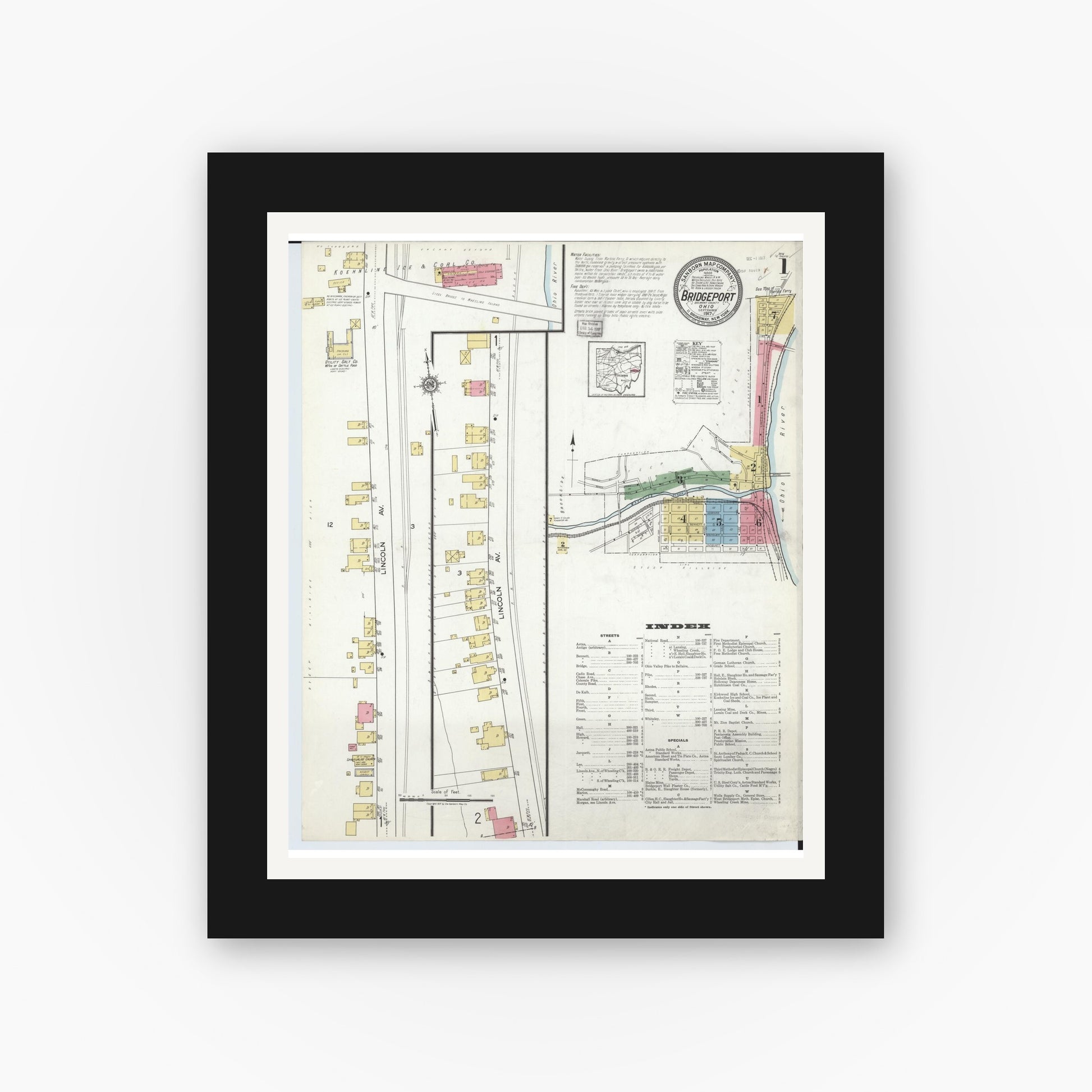 Old map wall art mockup — black gallery frame with white mat — Sanborn Fire Insurance Map from Bridgeport, Belmont County, Ohio (1917), Sheet #0001