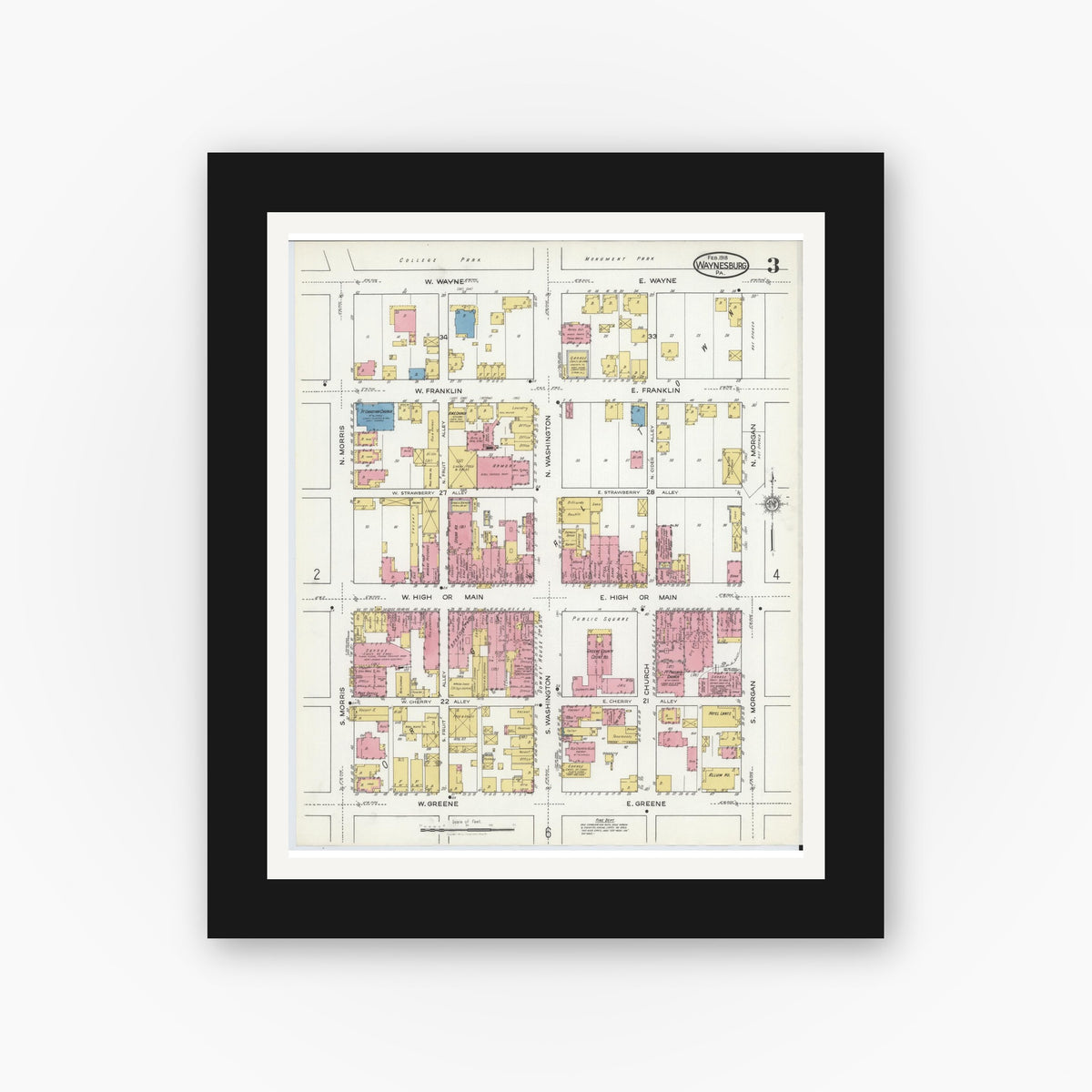 Old map wall art mockup — black gallery frame with white mat — Sanborn Fire Insurance Map from Waynesburg, Greene County, Pennsylvania (1918), Sheet #0003