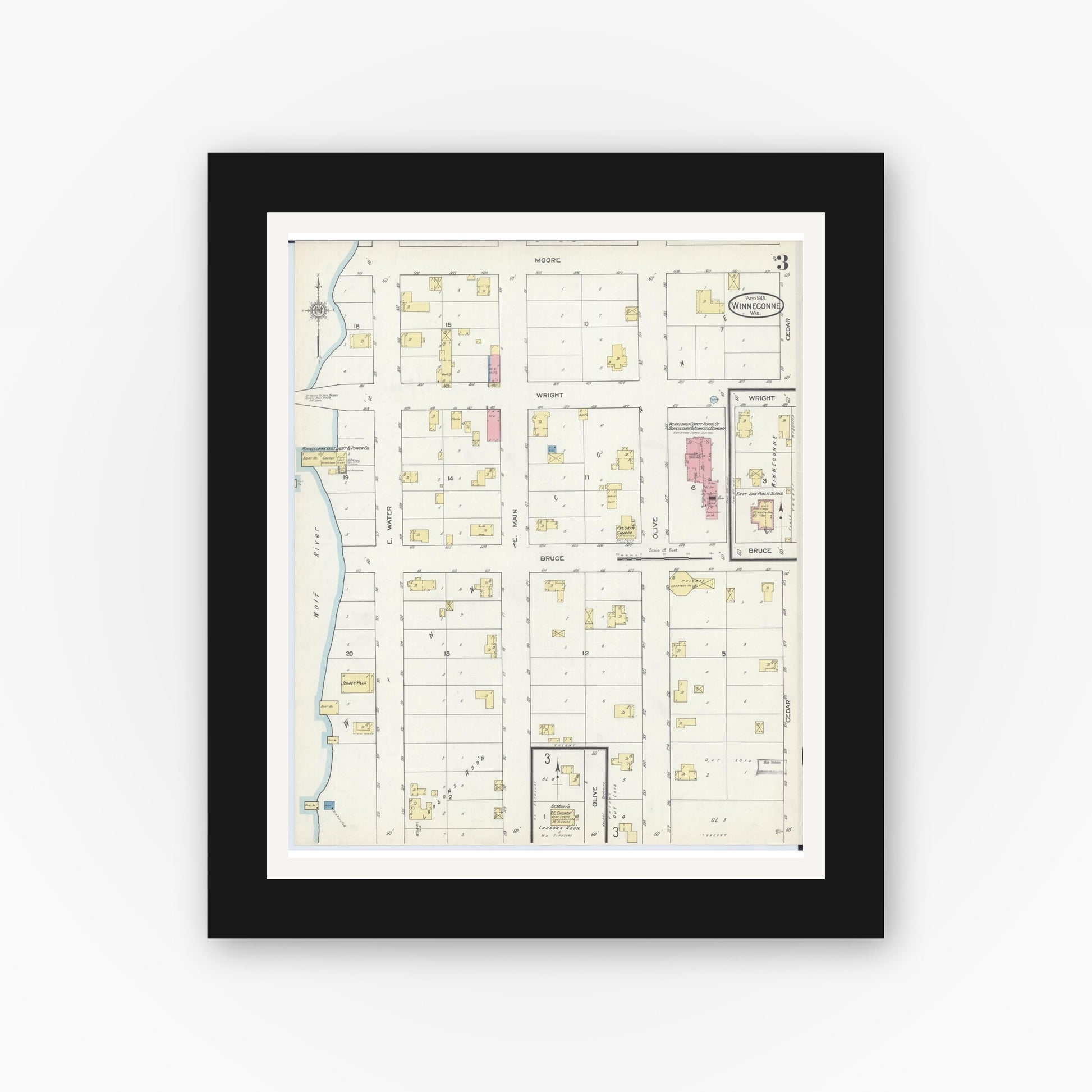 Old map wall art mockup — black gallery frame with white mat — Sanborn Fire Insurance Map from Winneconne, Winnebago County, Wisconsin (1913), Sheet #0003