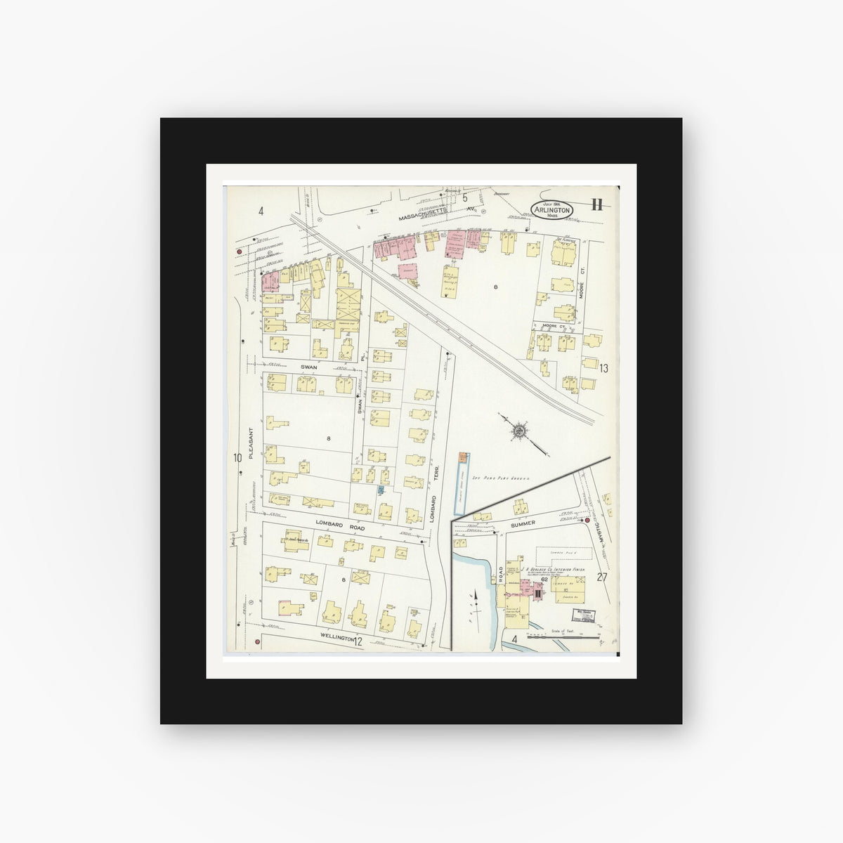 Old map wall art mockup — black gallery frame with white mat — Sanborn Fire Insurance Map from Arlington, Middlesex County, Massachusetts (1914), Sheet #0011