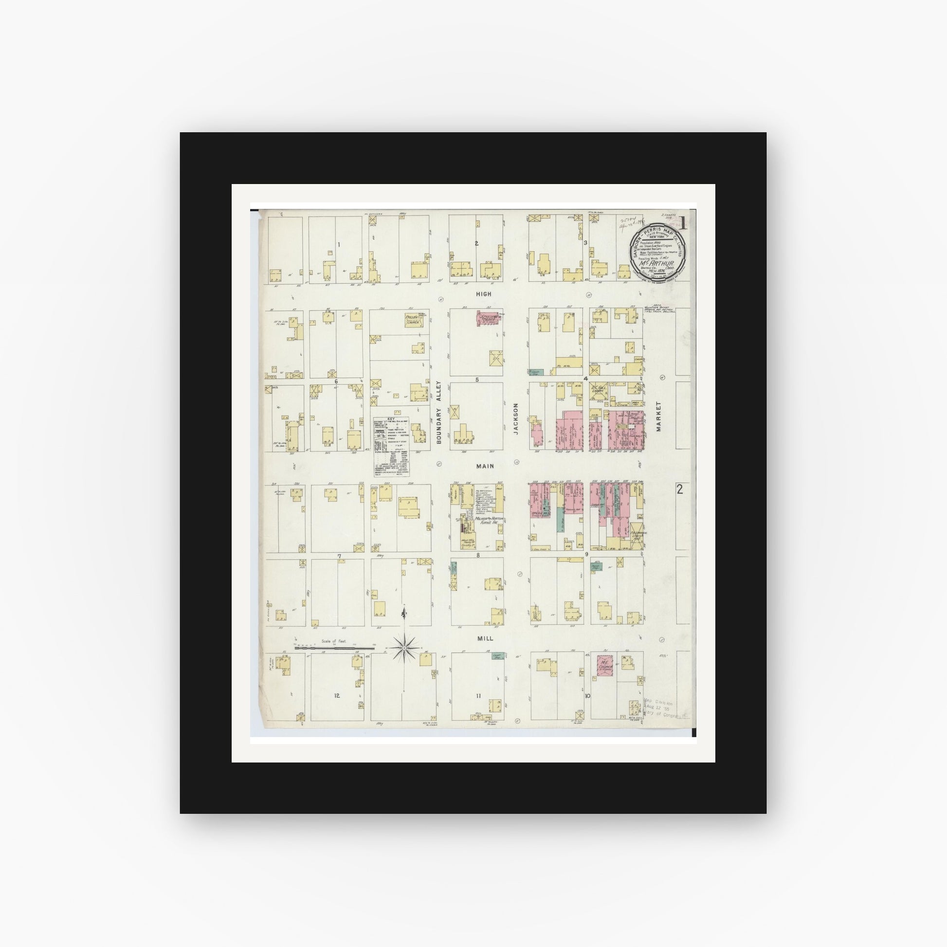 Old map wall art mockup — black gallery frame with white mat — Sanborn Fire Insurance Map from McArthur, Vinton County, Ohio (1896), Sheet #0001