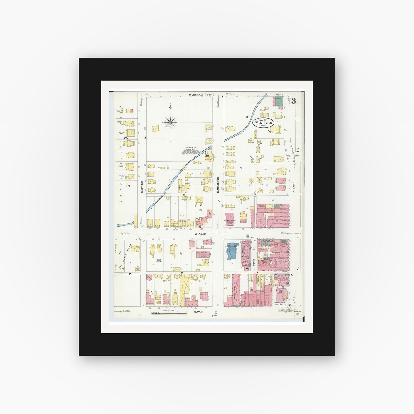 Old map wall art mockup — black gallery frame with white mat — Sanborn Fire Insurance Map from Wilmington, Clinton County, Ohio (1907), Sheet #0003