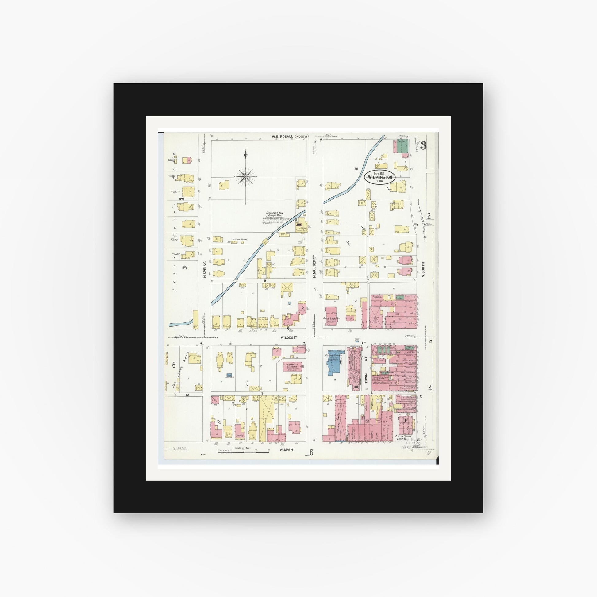 Old map wall art mockup — black gallery frame with white mat — Sanborn Fire Insurance Map from Wilmington, Clinton County, Ohio (1907), Sheet #0003