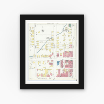 Old map wall art mockup — black gallery frame with white mat — Sanborn Fire Insurance Map from Wilmington, Clinton County, Ohio (1907), Sheet #0003