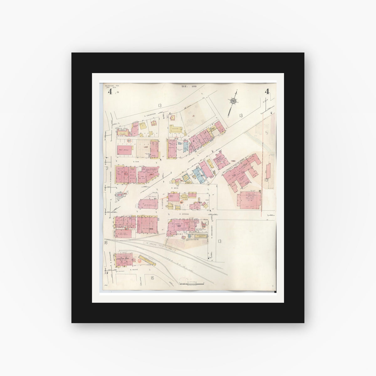 Old map wall art mockup — black gallery frame with white mat — Sanborn Fire Insurance Map from Palestine, Anderson County, Texas (1949), Sheet #0004