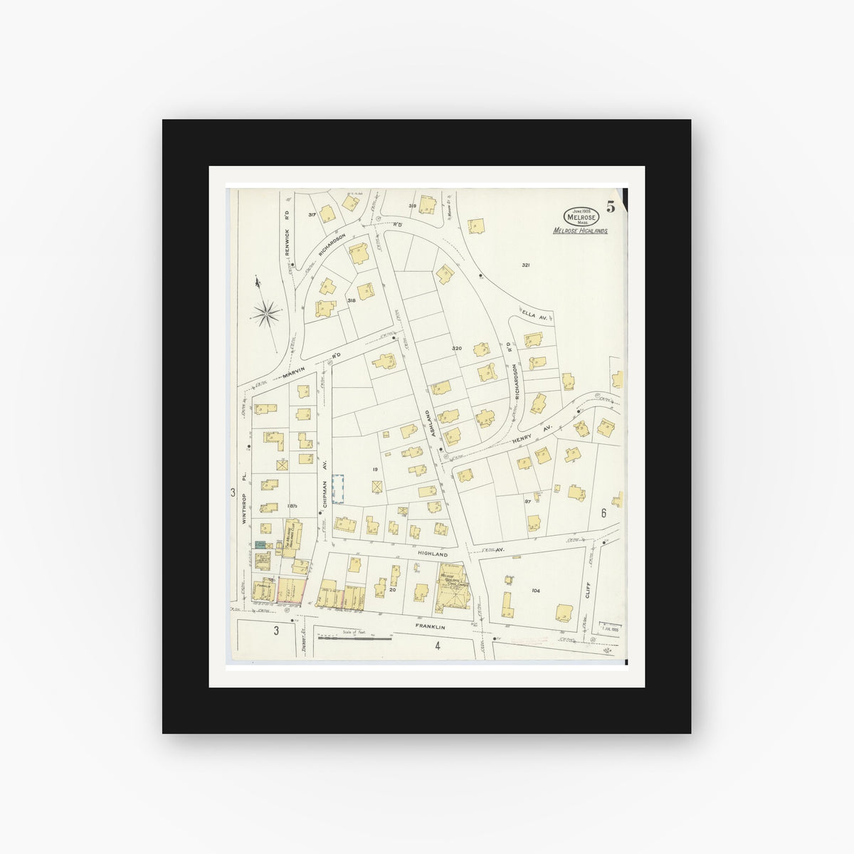 Old map wall art mockup — black gallery frame with white mat — Sanborn Fire Insurance Map from Melrose, Middlesex County, Massachusetts (1909), Sheet #0005