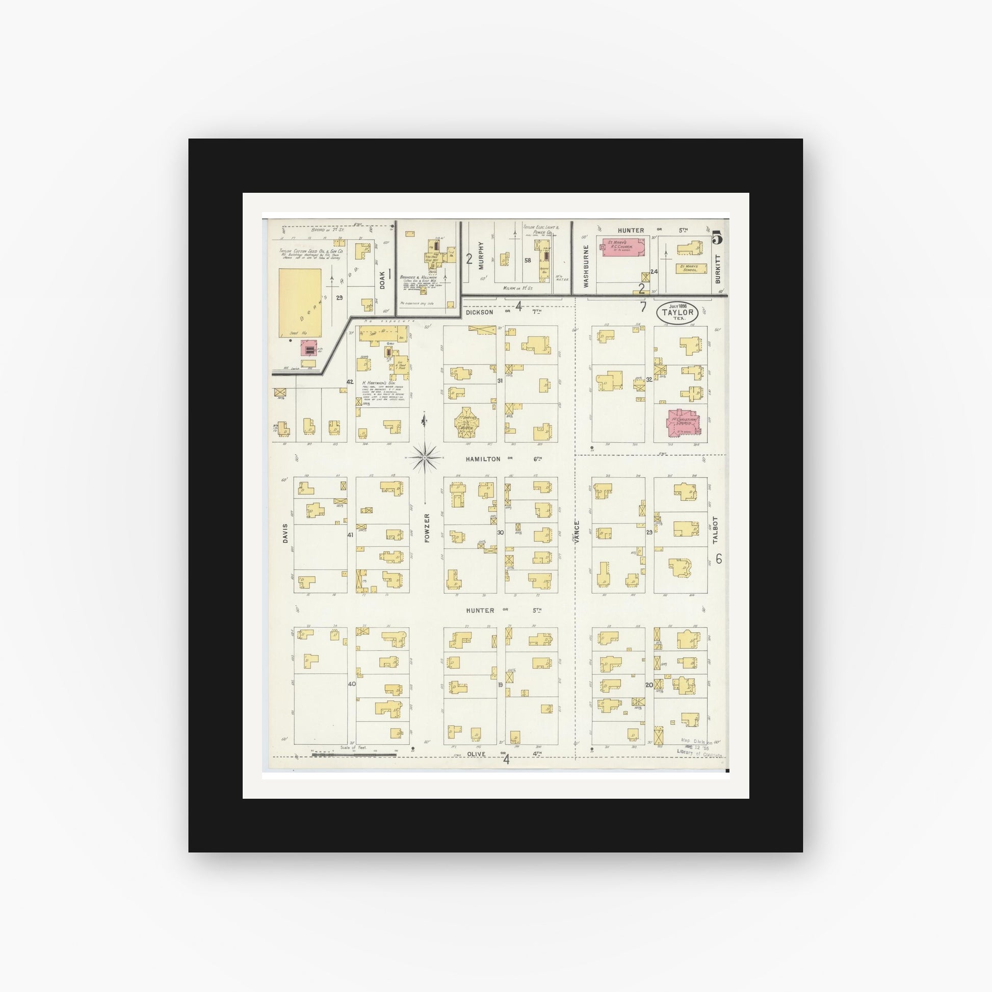Old map wall art mockup — black gallery frame with white mat — Sanborn Fire Insurance Map from Taylor, Williamson County, Texas (1898), Sheet #0005