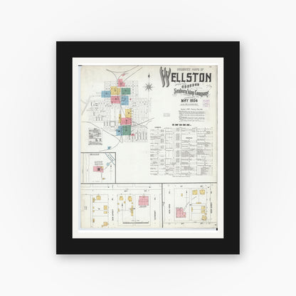 Old map wall art mockup — black gallery frame with white mat — Sanborn Fire Insurance Map from Wellston, Jackson County, Ohio (1904), Sheet #0001