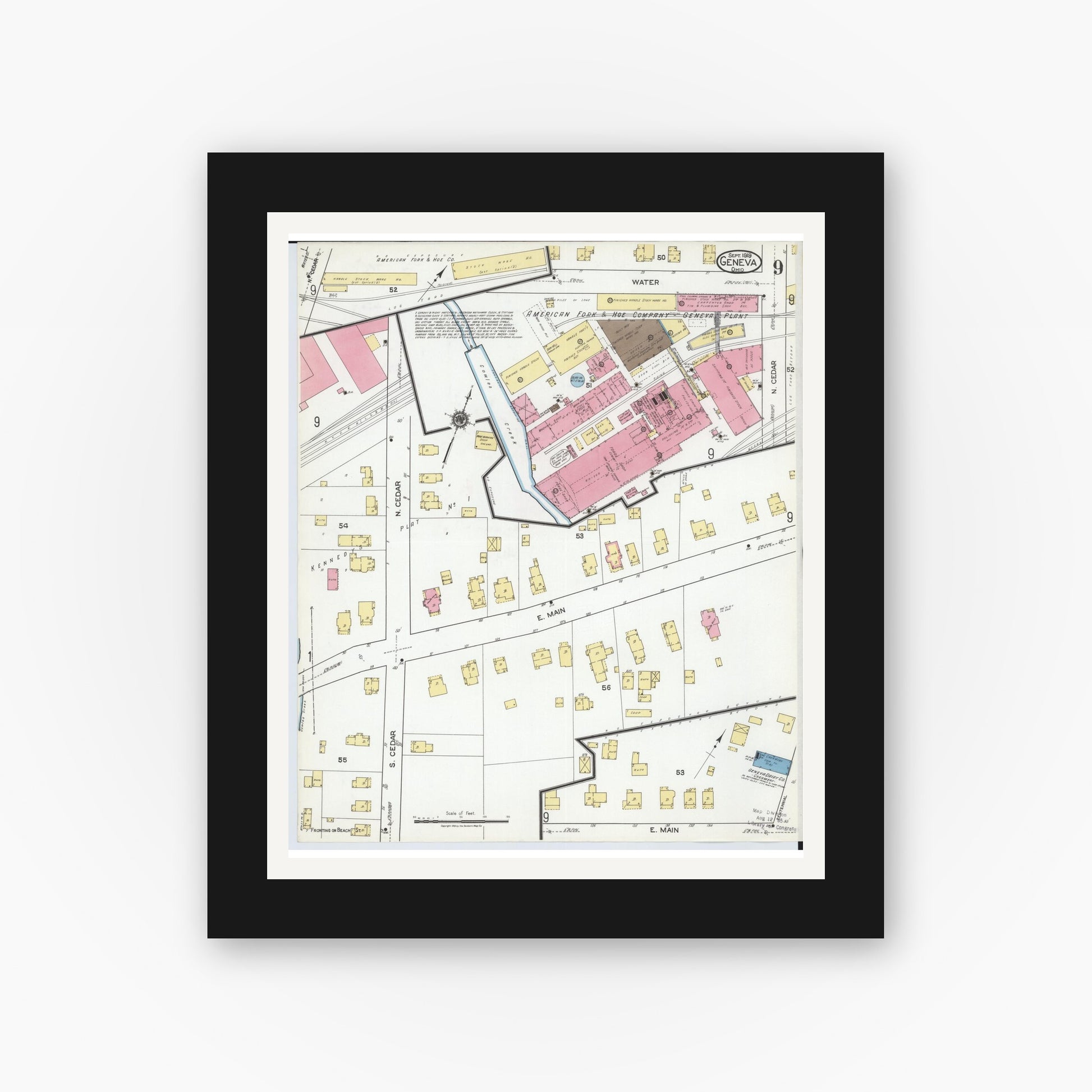 Old map wall art mockup — black gallery frame with white mat — Sanborn Fire Insurance Map from Geneva, Ashtabula County, Ohio (1919), Sheet #0009