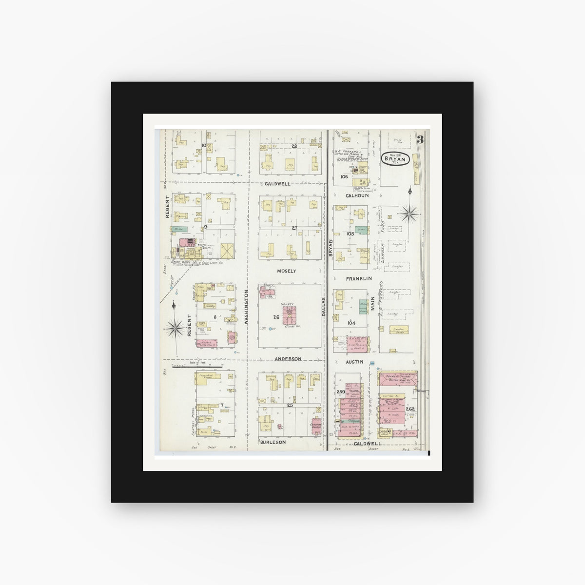 Old map wall art mockup — black gallery frame with white mat — Sanborn Fire Insurance Map from Bryan, Brazos County, Texas (1891), Sheet #0003