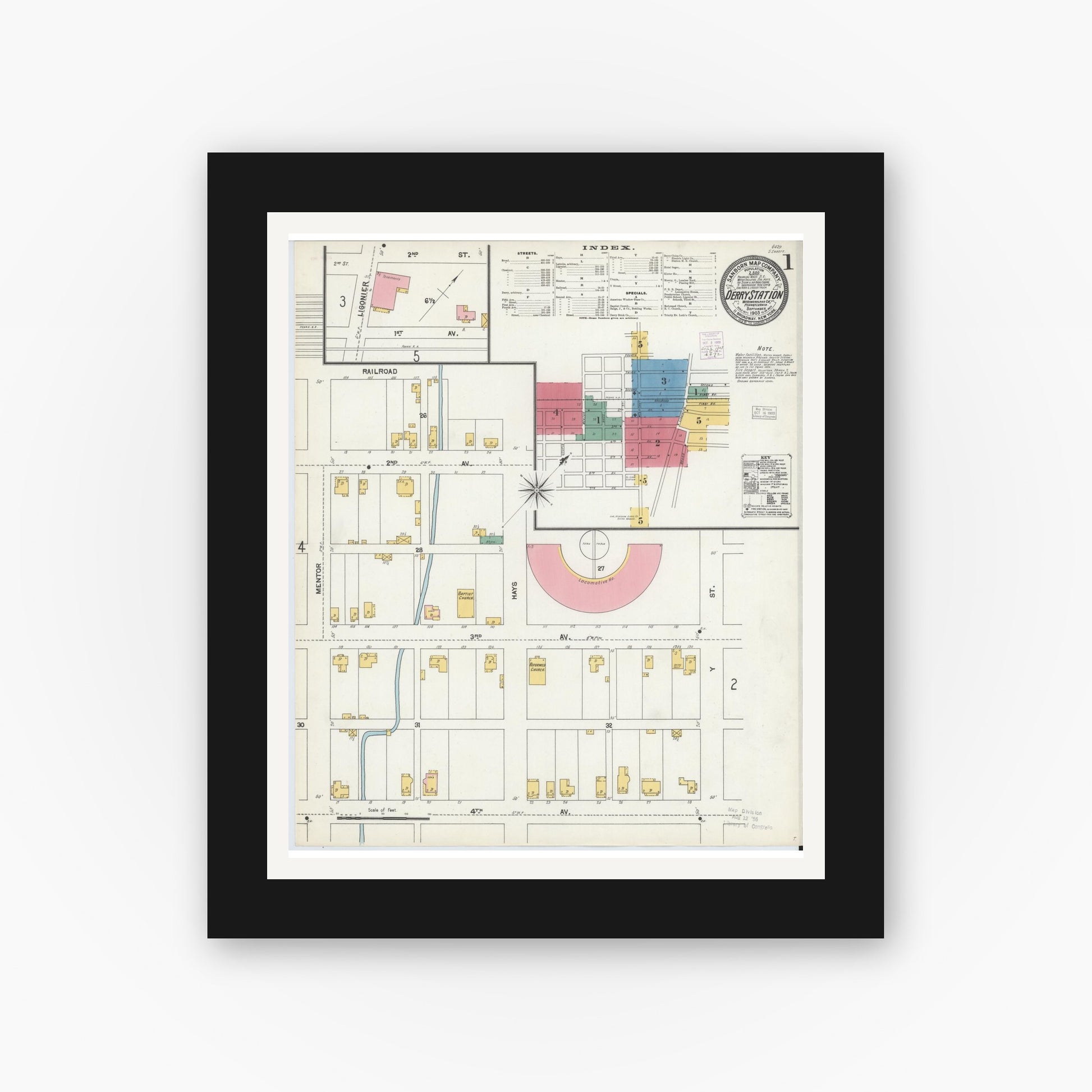 Old map wall art mockup — black gallery frame with white mat — Sanborn Fire Insurance Map from Derry, Westmoreland County, Pennsylvania (1903) - Complete Map Set