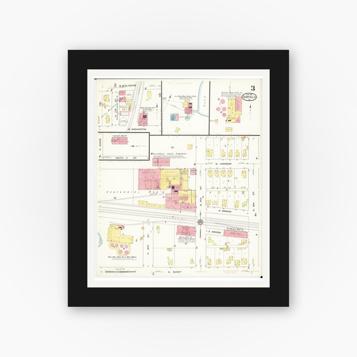 Old map wall art mockup — black gallery frame with white mat — Sanborn Fire Insurance Map from Fairfield, Jefferson County, Iowa (1913), Sheet #0003