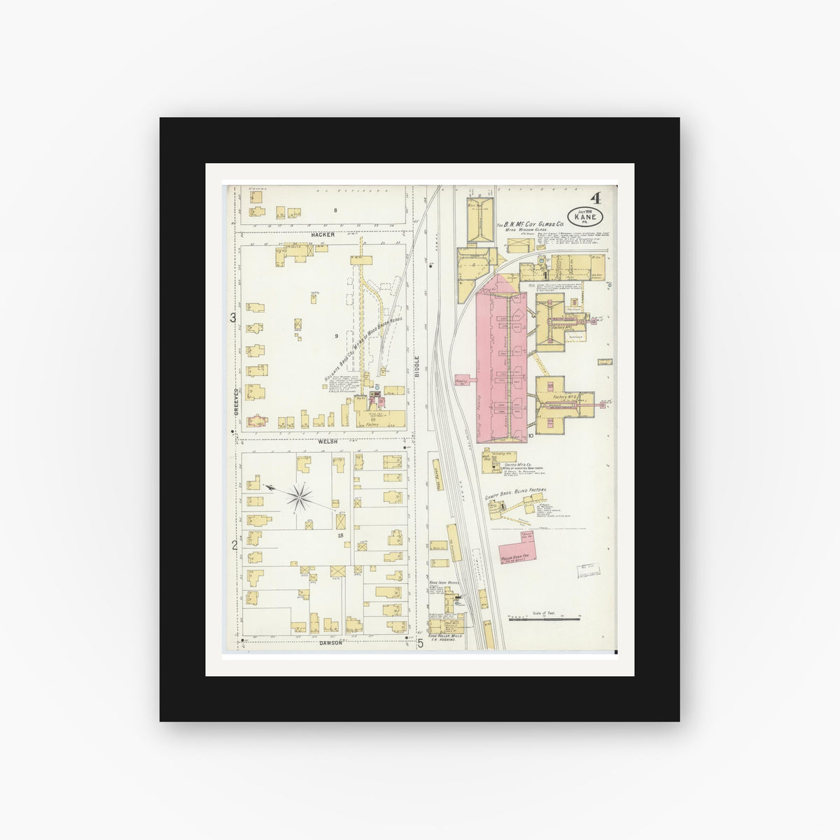 Old map wall art mockup — black gallery frame with white mat — Sanborn Fire Insurance Map from Kane, McKean County, Pennsylvania (1898), Sheet #0004