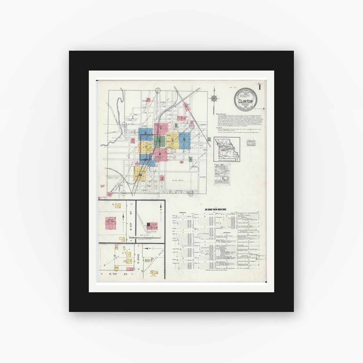 Old map wall art mockup — black gallery frame with white mat — Sanborn Fire Insurance Map from Clinton, Henry County, Missouri (1918) - Complete Map Set