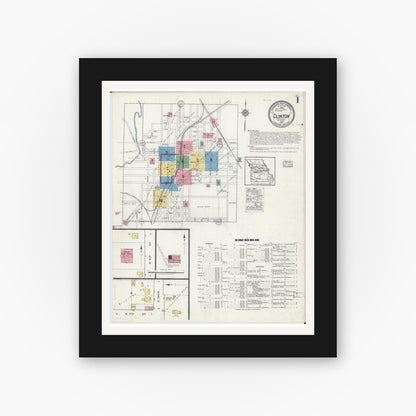 Old map wall art mockup — black gallery frame with white mat — Sanborn Fire Insurance Map from Clinton, Henry County, Missouri (1918) - Complete Map Set