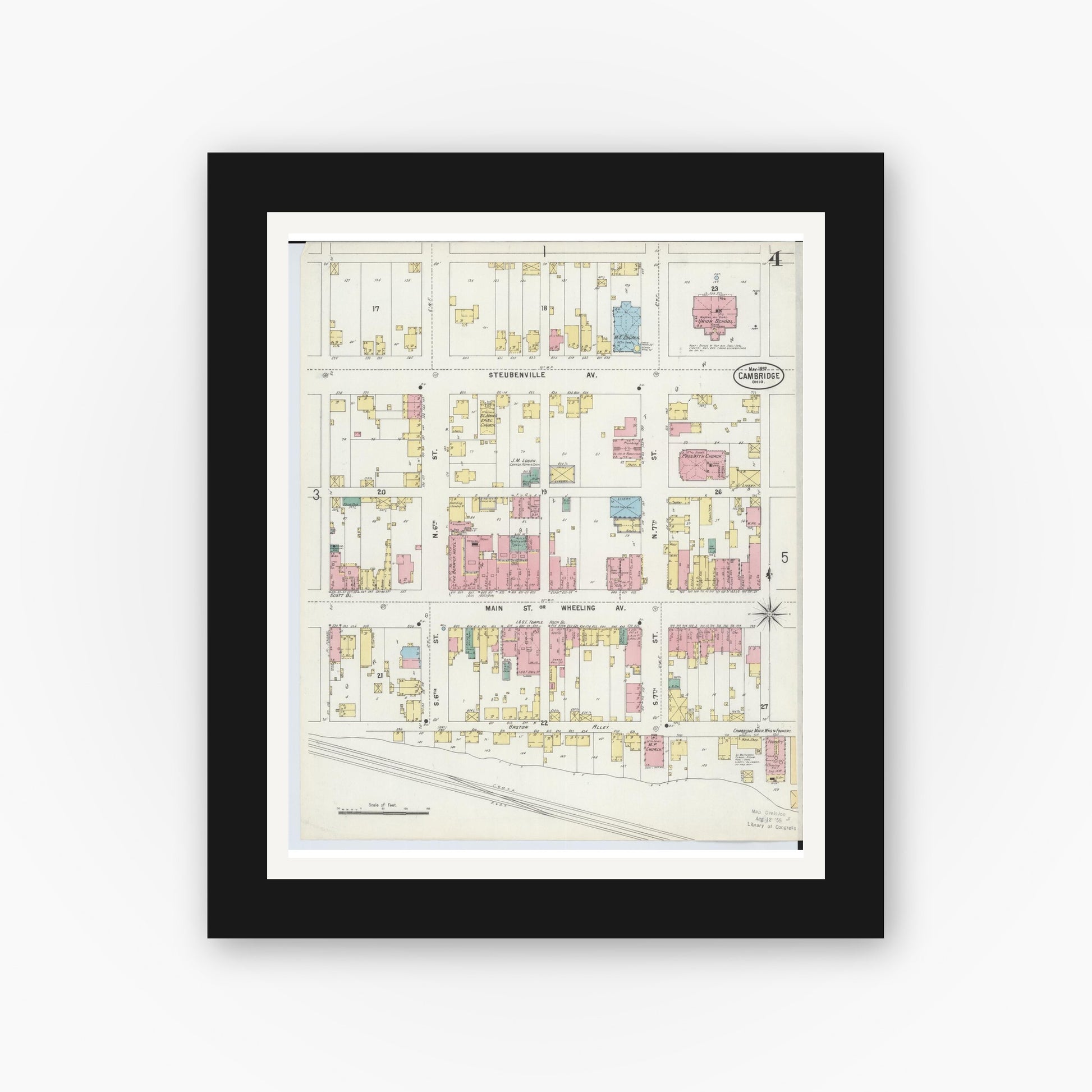 Old map wall art mockup — black gallery frame with white mat — Sanborn Fire Insurance Map from Cambridge, Guernsey County, Ohio (1897), Sheet #0004