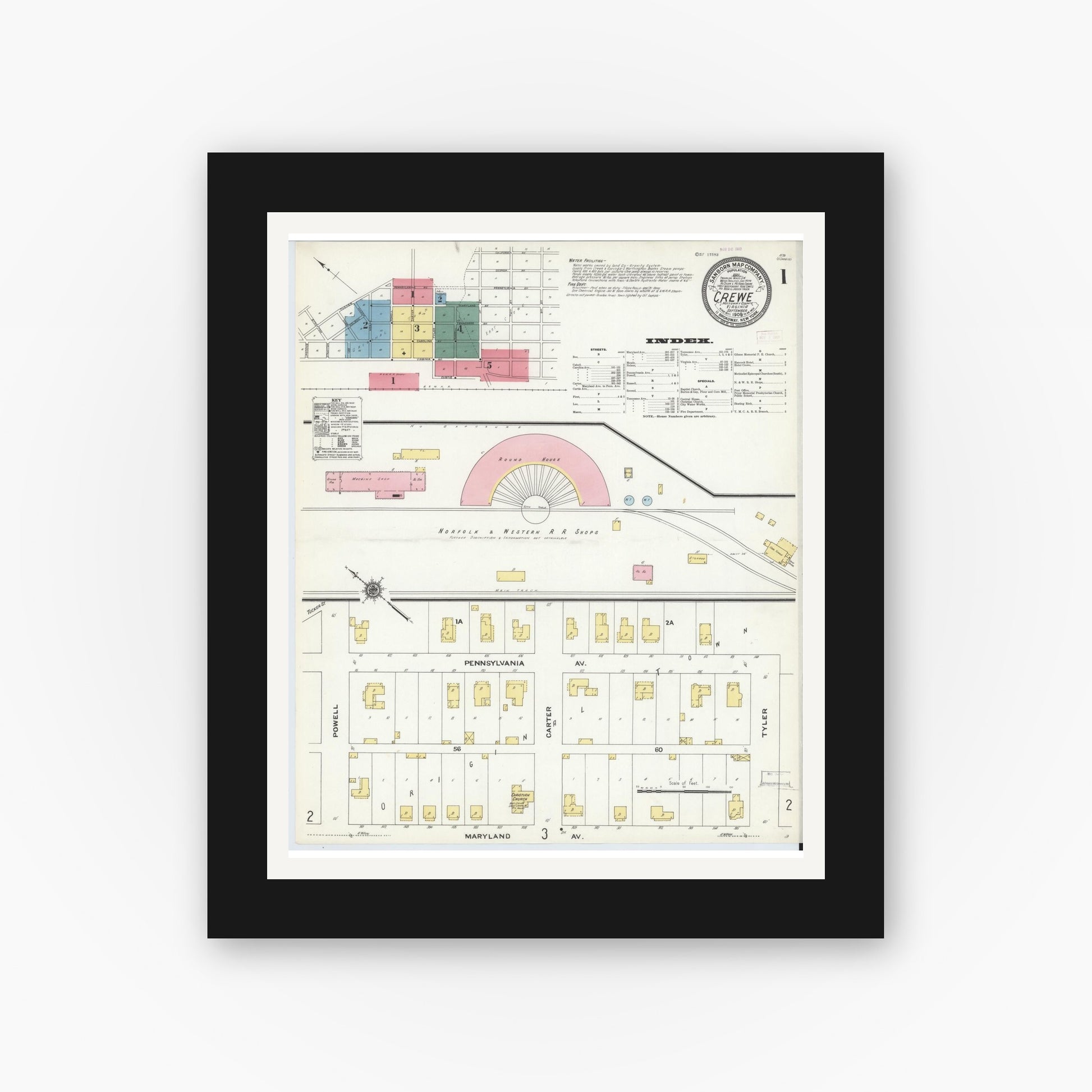 Old map wall art mockup — black gallery frame with white mat — Sanborn Fire Insurance Map from Crewe, Nottoway County, Virginia (1909), Sheet #0001