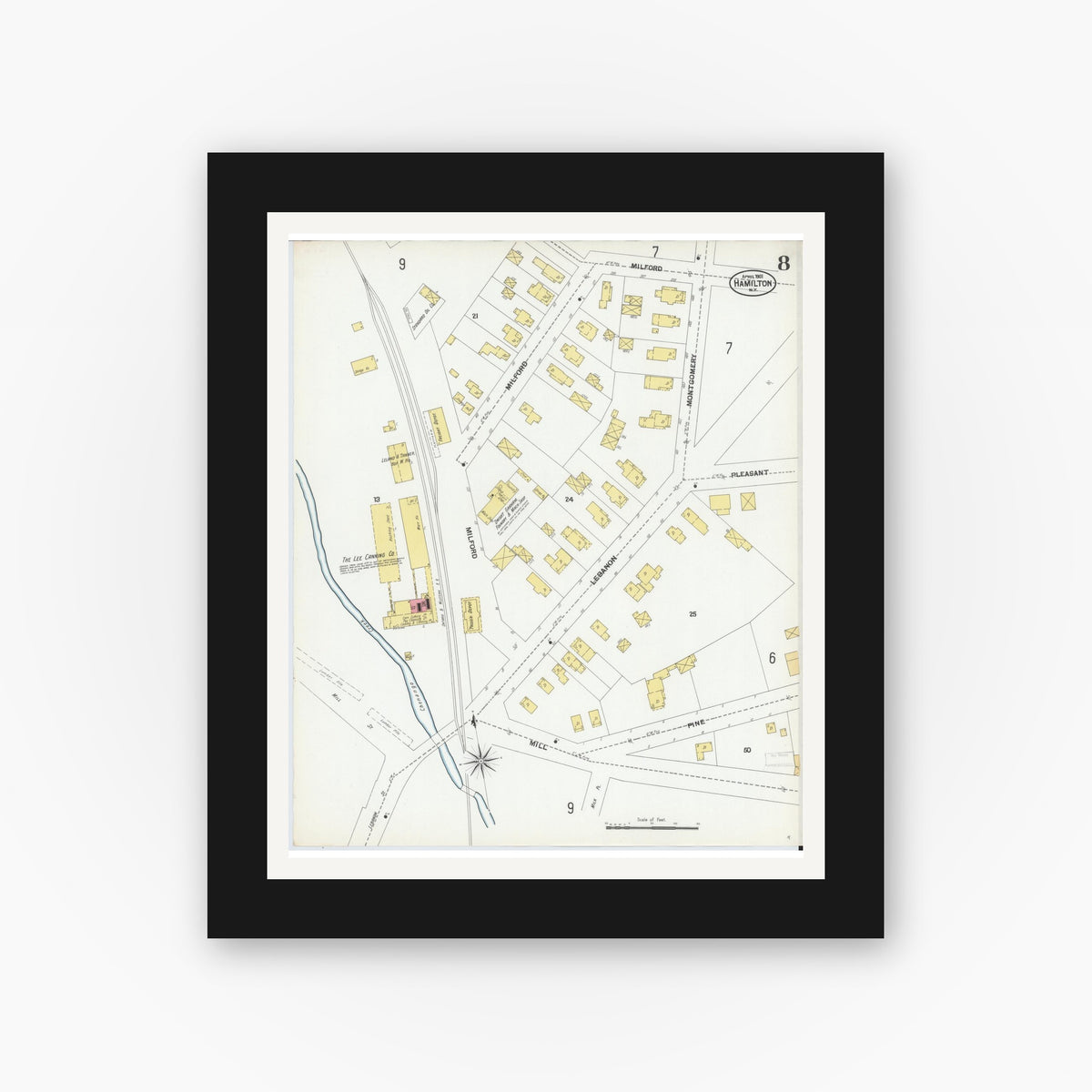 Old map wall art mockup — black gallery frame with white mat — Sanborn Fire Insurance Map from Hamilton, Madison County, New York (1901), Sheet #0008