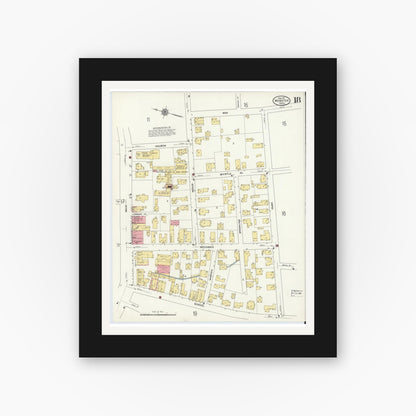 Old map wall art mockup — black gallery frame with white mat — Sanborn Fire Insurance Map from Webster, Worcester County, Massachusetts (1911), Sheet #0018