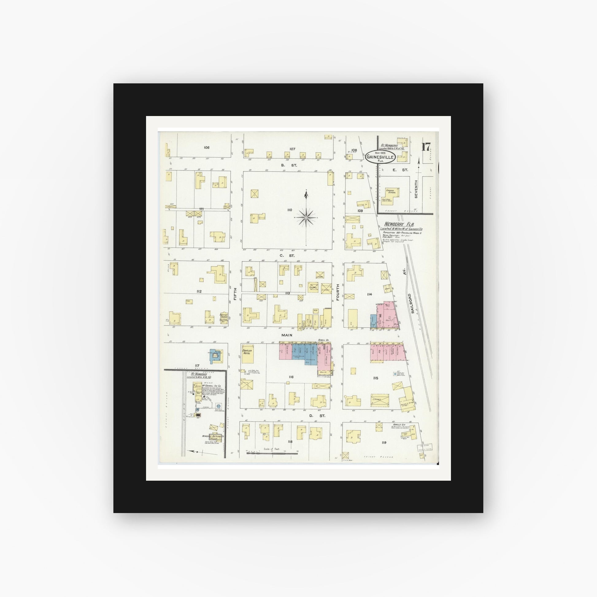 Old map wall art mockup — black gallery frame with white mat — Sanborn Fire Insurance Map from Gainesville, Alachua County, Florida (1909), Sheet #0017