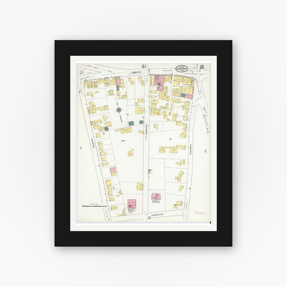 Old map wall art mockup — black gallery frame with white mat — Sanborn Fire Insurance Map from Gardner, Worcester County, Massachusetts (1909), Sheet #0008