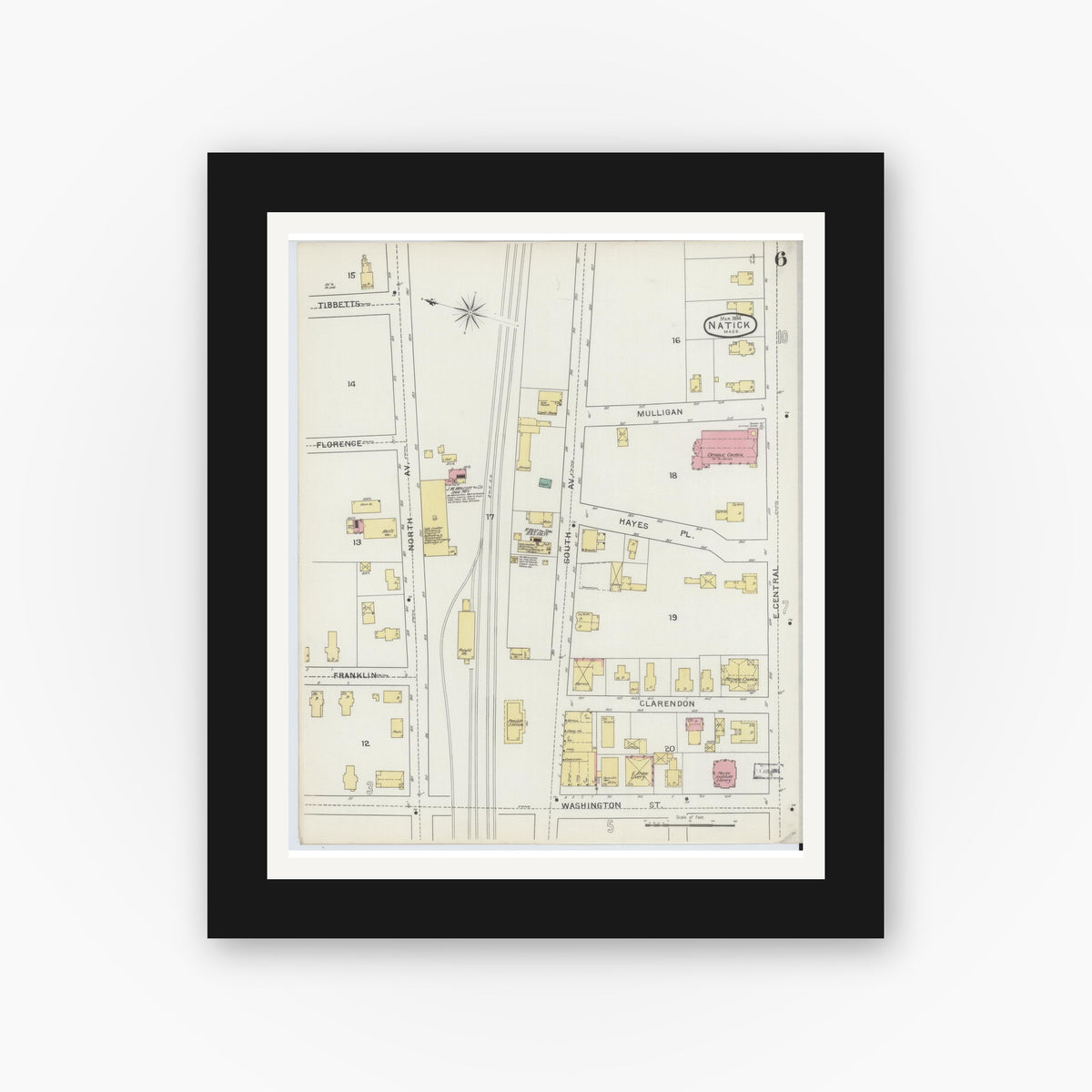 Old map wall art mockup — black gallery frame with white mat — Sanborn Fire Insurance Map from Natick, Middlesex County, Massachusetts (1894), Sheet #0006