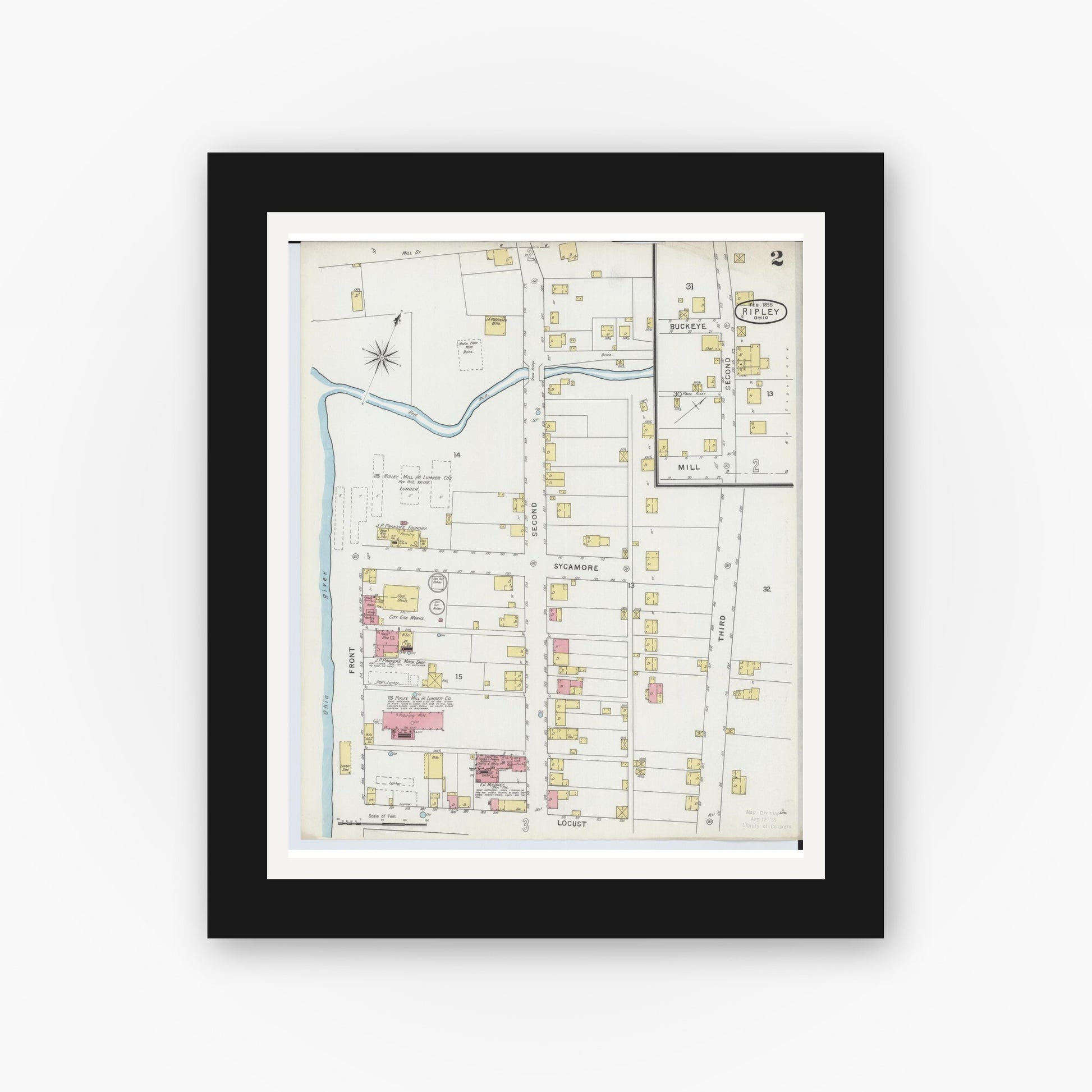 Old map wall art mockup — black gallery frame with white mat — Sanborn Fire Insurance Map from Ripley, Brown County, Ohio (1895), Sheet #0002