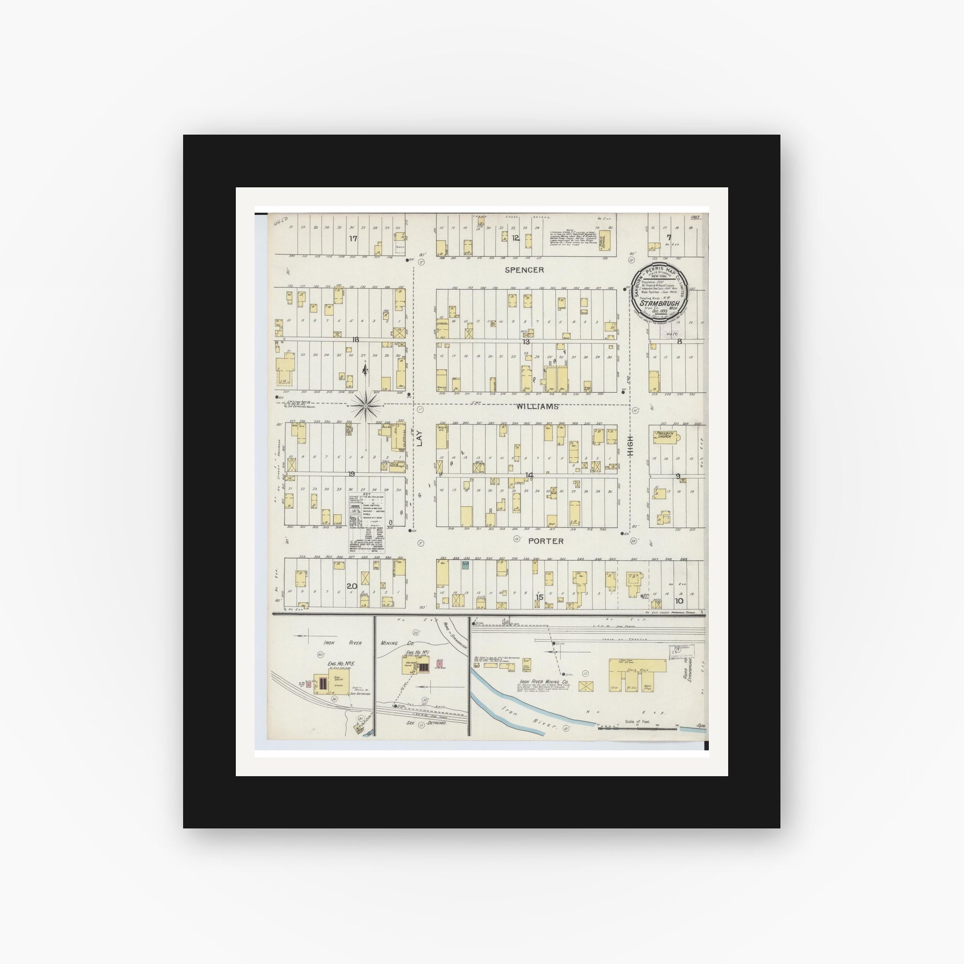 Old map wall art mockup — black gallery frame with white mat — Sanborn Fire Insurance Map from Stambaugh, Iron County, Michigan (1893), Sheet #0001