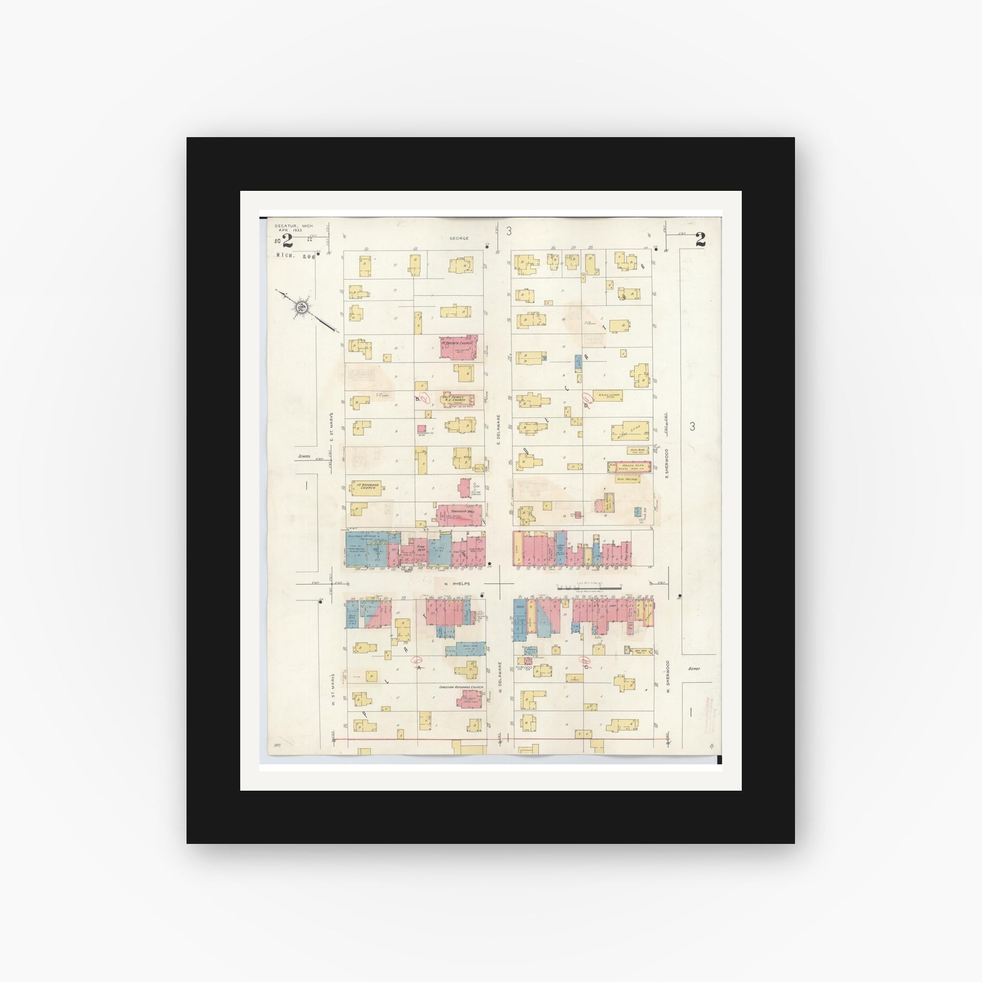 Old map wall art mockup — black gallery frame with white mat — Sanborn Fire Insurance Map from Decatur, Van Buren County, Michigan (1944), Sheet #0002