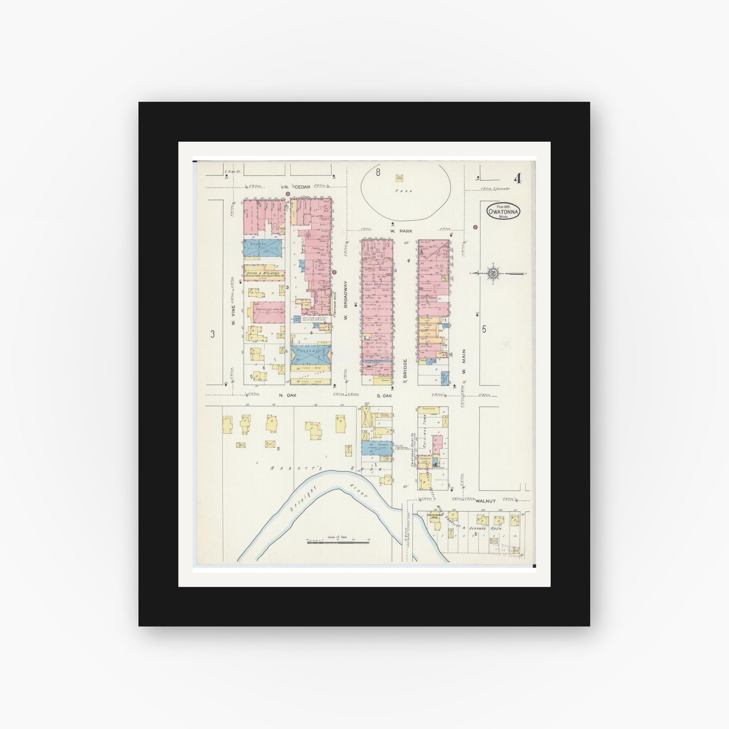 Old map wall art mockup — black gallery frame with white mat — Sanborn Fire Insurance Map from Owatonna, Steele County, Minnesota (1915), Sheet #0004