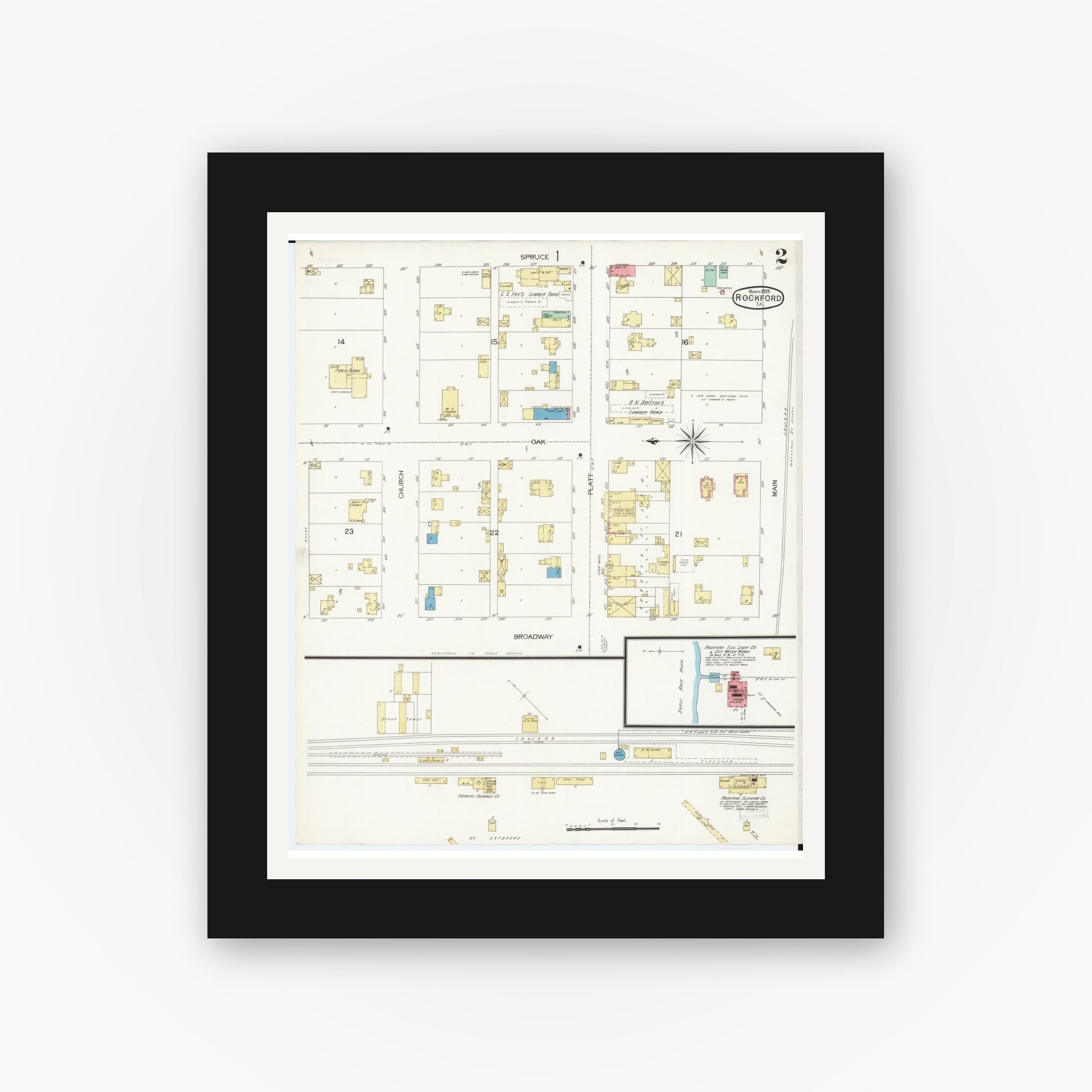 Old map wall art mockup — black gallery frame with white mat — Sanborn Fire Insurance Map from Rockford, Floyd County, Iowa (1899), Sheet #0002