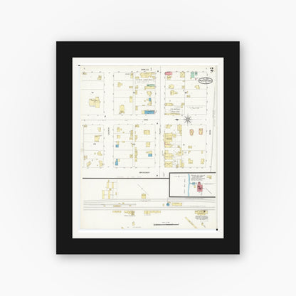 Old map wall art mockup — black gallery frame with white mat — Sanborn Fire Insurance Map from Rockford, Floyd County, Iowa (1899), Sheet #0002