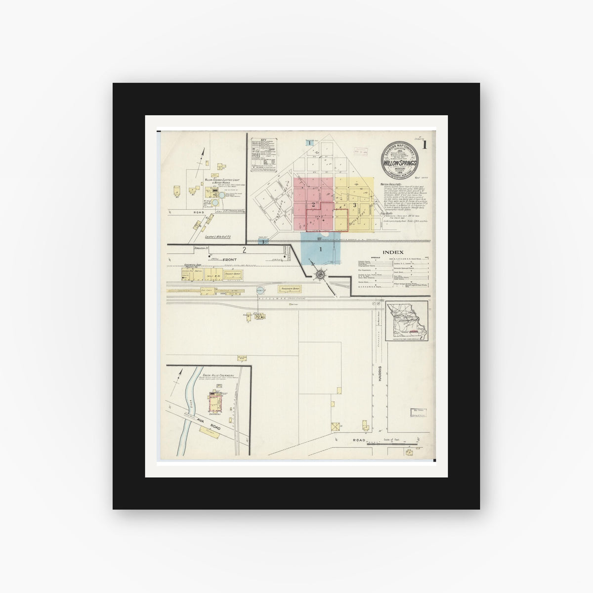 Old map wall art mockup — black gallery frame with white mat — Sanborn Fire Insurance Map from Willow Springs, Howell County, Missouri (1914) - Complete Map Set