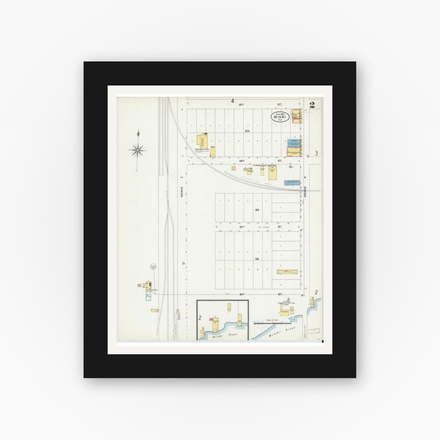 Old map wall art mockup — black gallery frame with white mat — Sanborn Fire Insurance Map from Miami, Dade County, Florida (1903), Sheet #0002