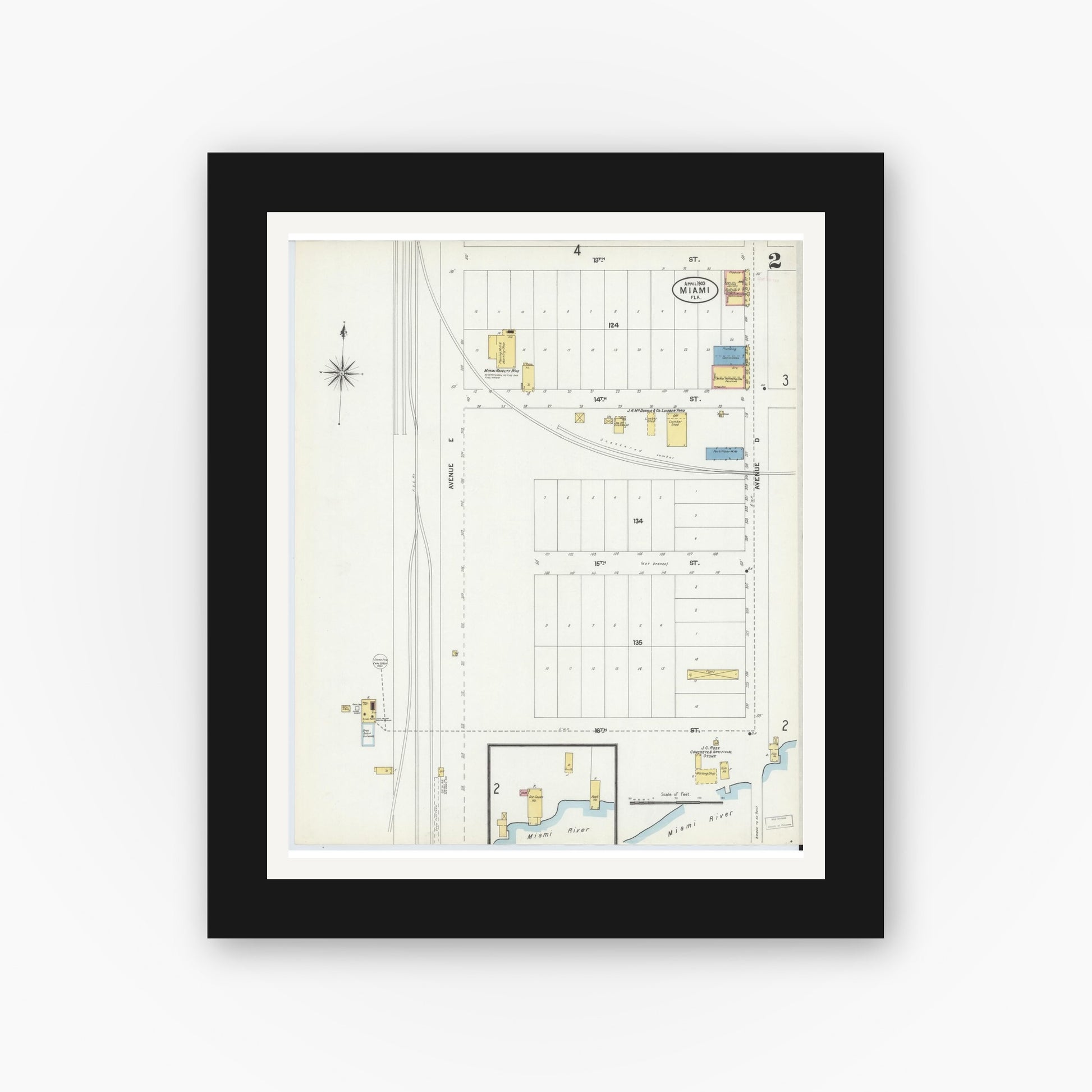 Old map wall art mockup — black gallery frame with white mat — Sanborn Fire Insurance Map from Miami, Dade County, Florida (1903), Sheet #0002