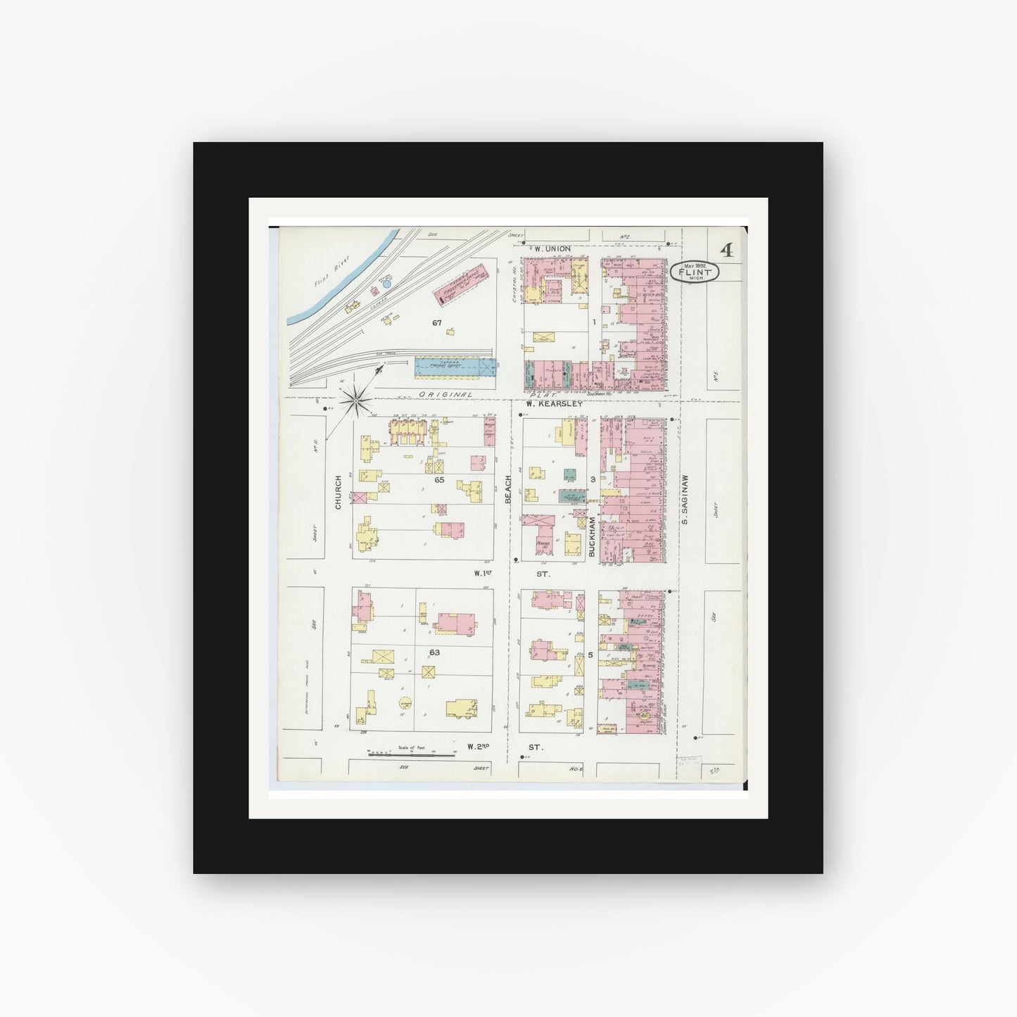 Old map wall art mockup — black gallery frame with white mat — Sanborn Fire Insurance Map from Flint, Genesee County, Michigan (1892), Sheet #0004