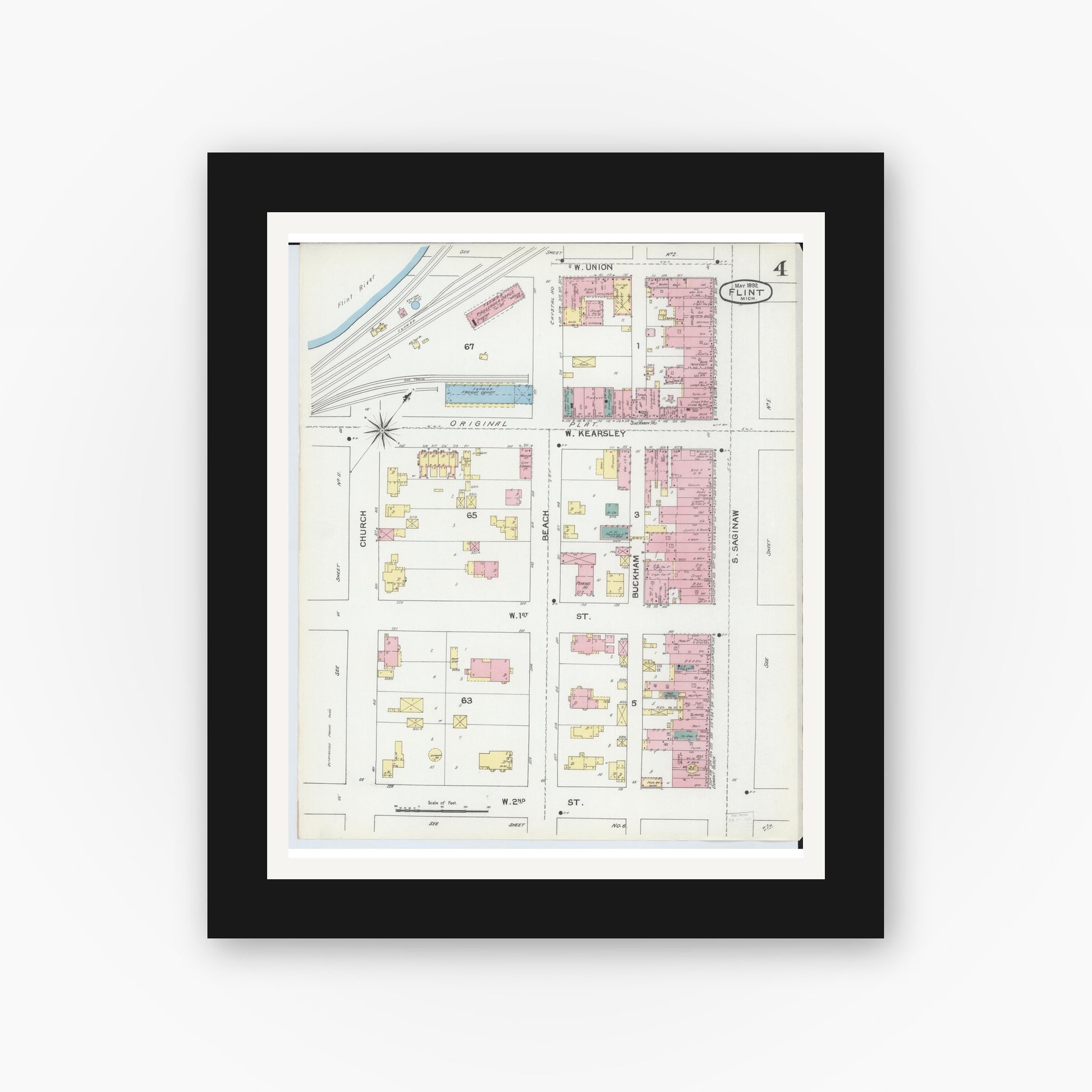 Old map wall art mockup — black gallery frame with white mat — Sanborn Fire Insurance Map from Flint, Genesee County, Michigan (1892), Sheet #0004