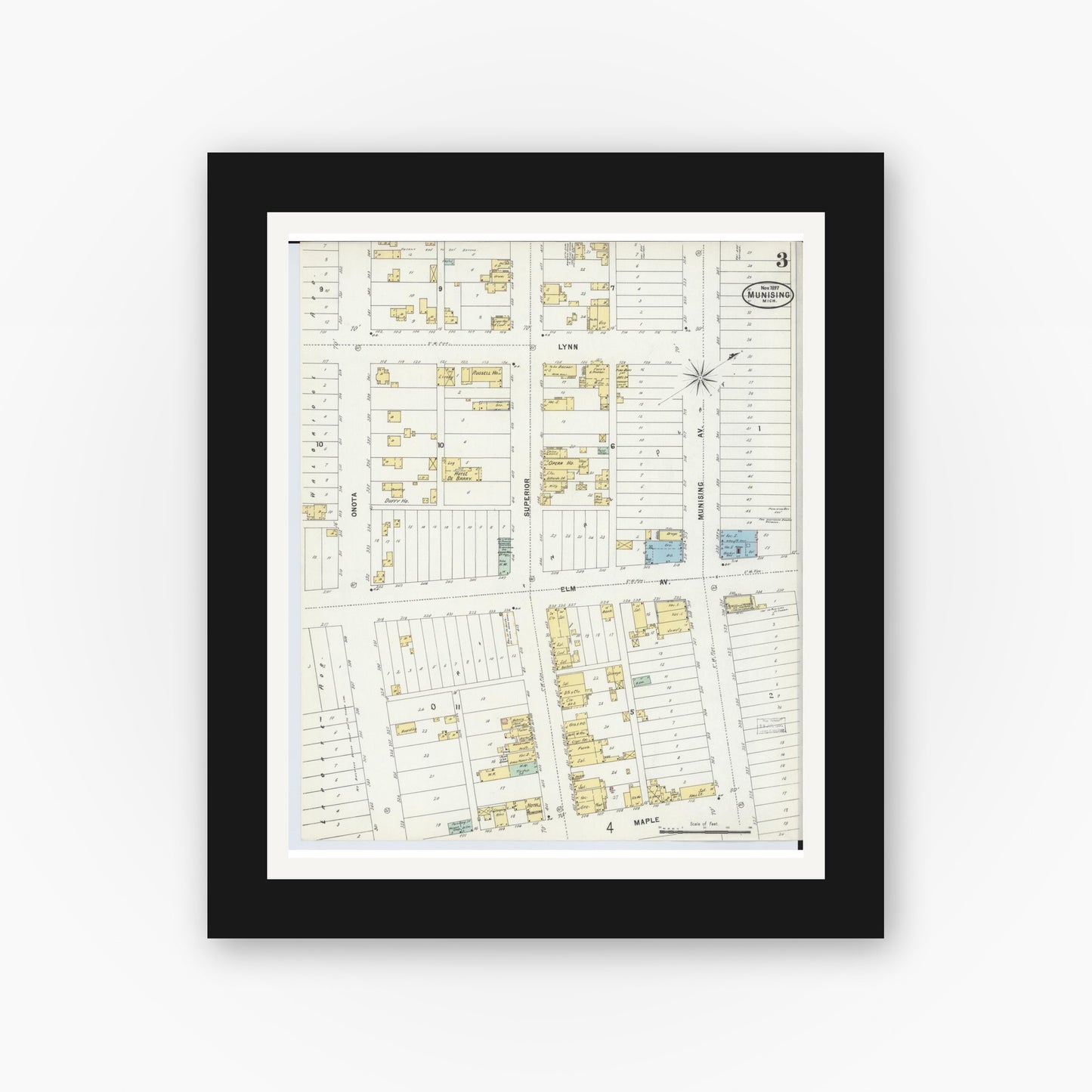Old map wall art mockup — black gallery frame with white mat — Sanborn Fire Insurance Map from Munising, Alger County, Michigan (1897), Sheet #0003