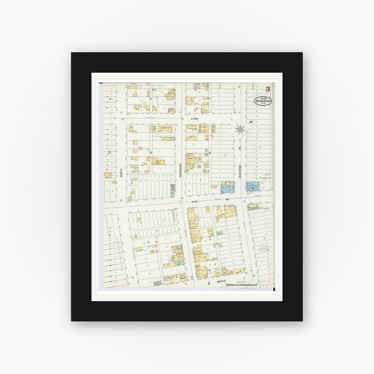 Old map wall art mockup — black gallery frame with white mat — Sanborn Fire Insurance Map from Munising, Alger County, Michigan (1897), Sheet #0003